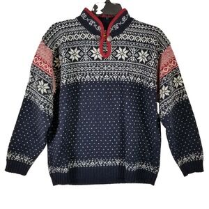 Vintage Alps Nordic Fair Isle Wool Sweater Womens Medium Navy Red Snowflake USA